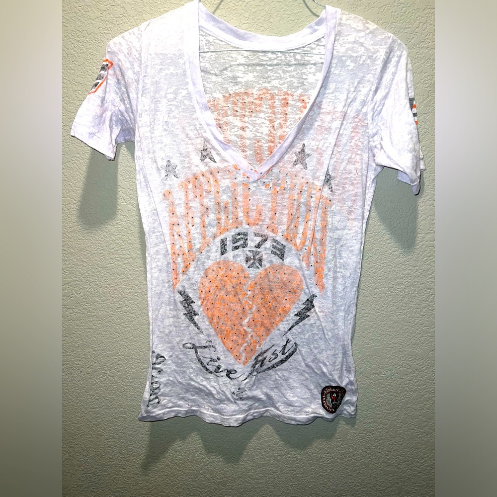 Size M, Orange and White Affliction TShirt, distressed look - lightly used